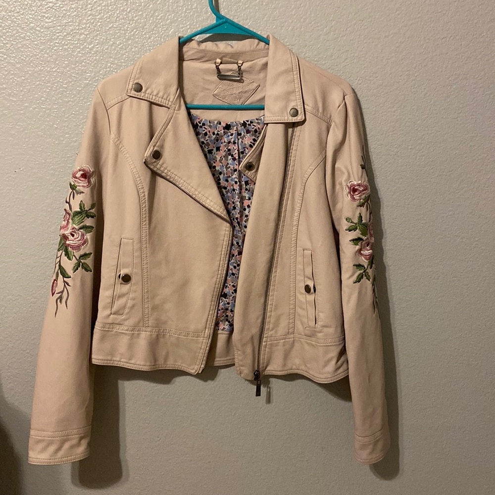 Women's JouJou Pink Vegan Leather Jacket w/ Roses